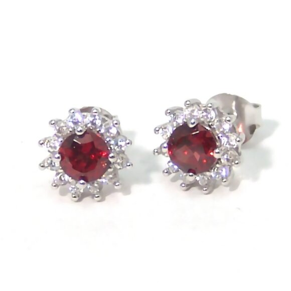Sterling Silver Genuine Garnet Stud Earrings Cubic Zirconia Halo Carded - Picture 5 of 5